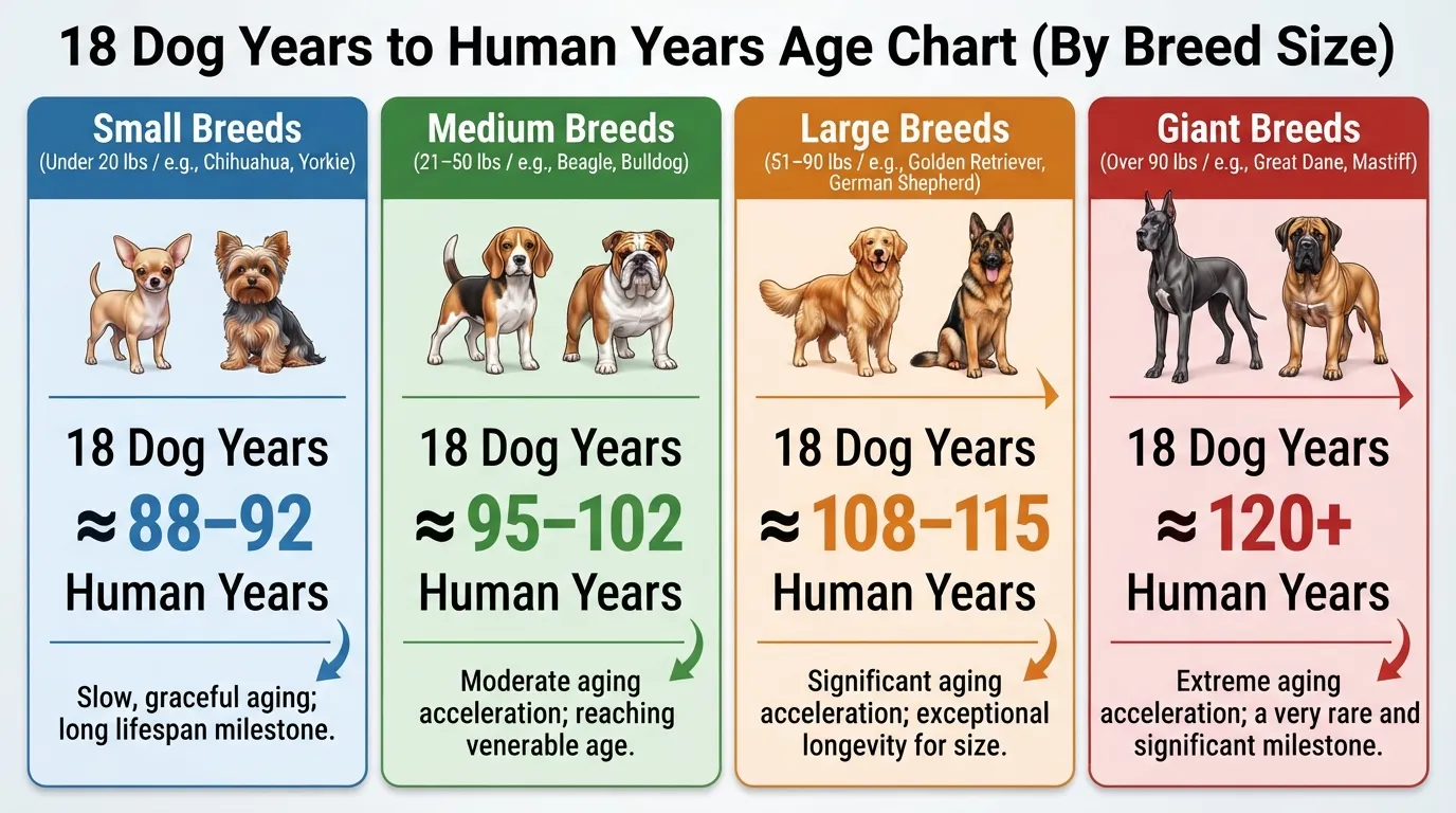 Comprehensive age conversion chart showing 18 dog years in human years categorized by small, medium, large, and giant dog breeds.