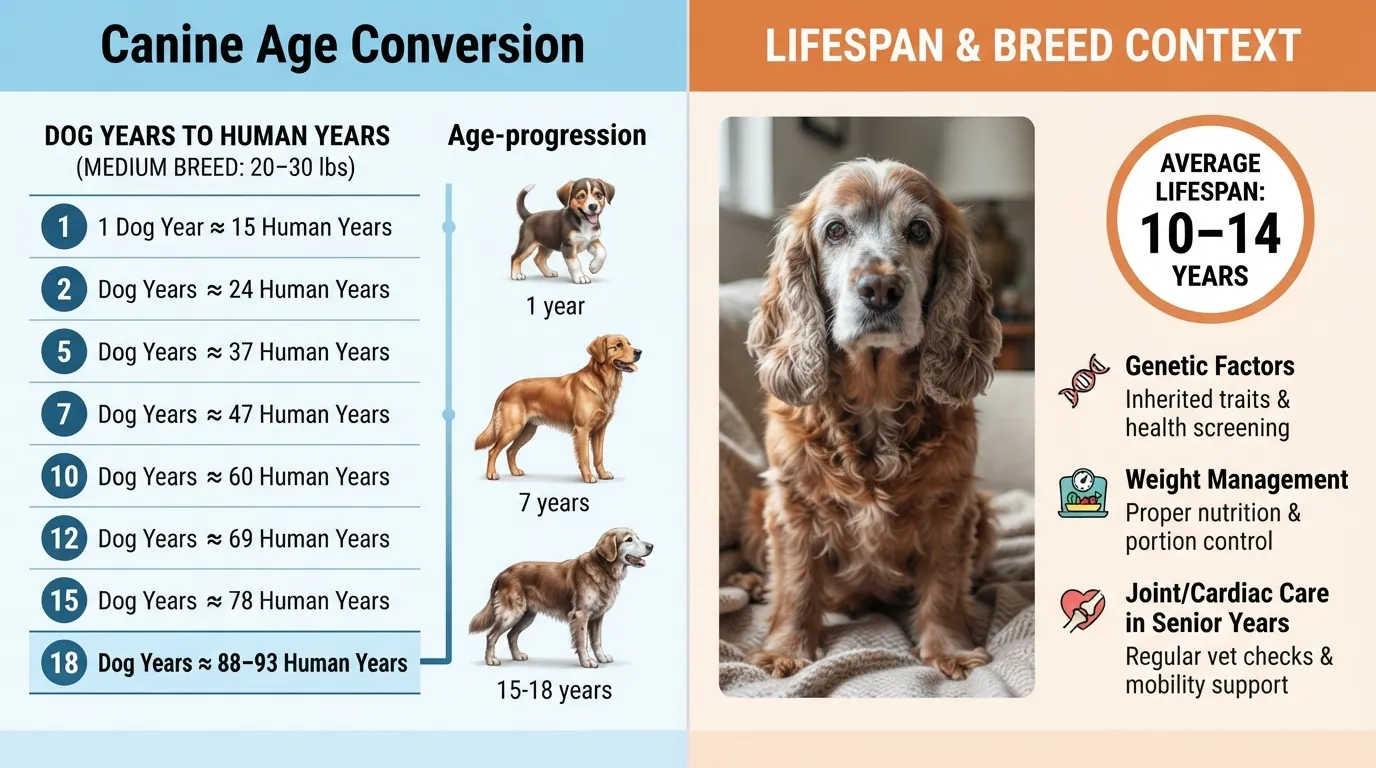 Infographic chart showing how 18 dog years translate to human years for a Cocker Spaniel, along with its average lifespan expectation.