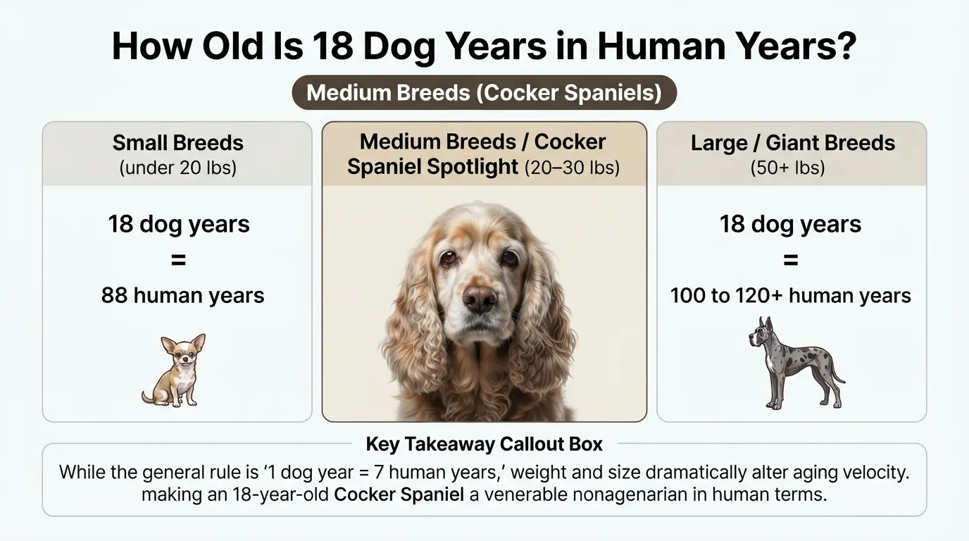 Comparison chart showing 18 dog years to human years based on size, with a focus on medium-breed Cocker Spaniels in their senior years.