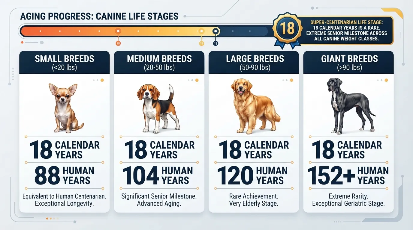 Comparison chart showing 18 dog years in human years across small, medium, large, and giant breed size categories.