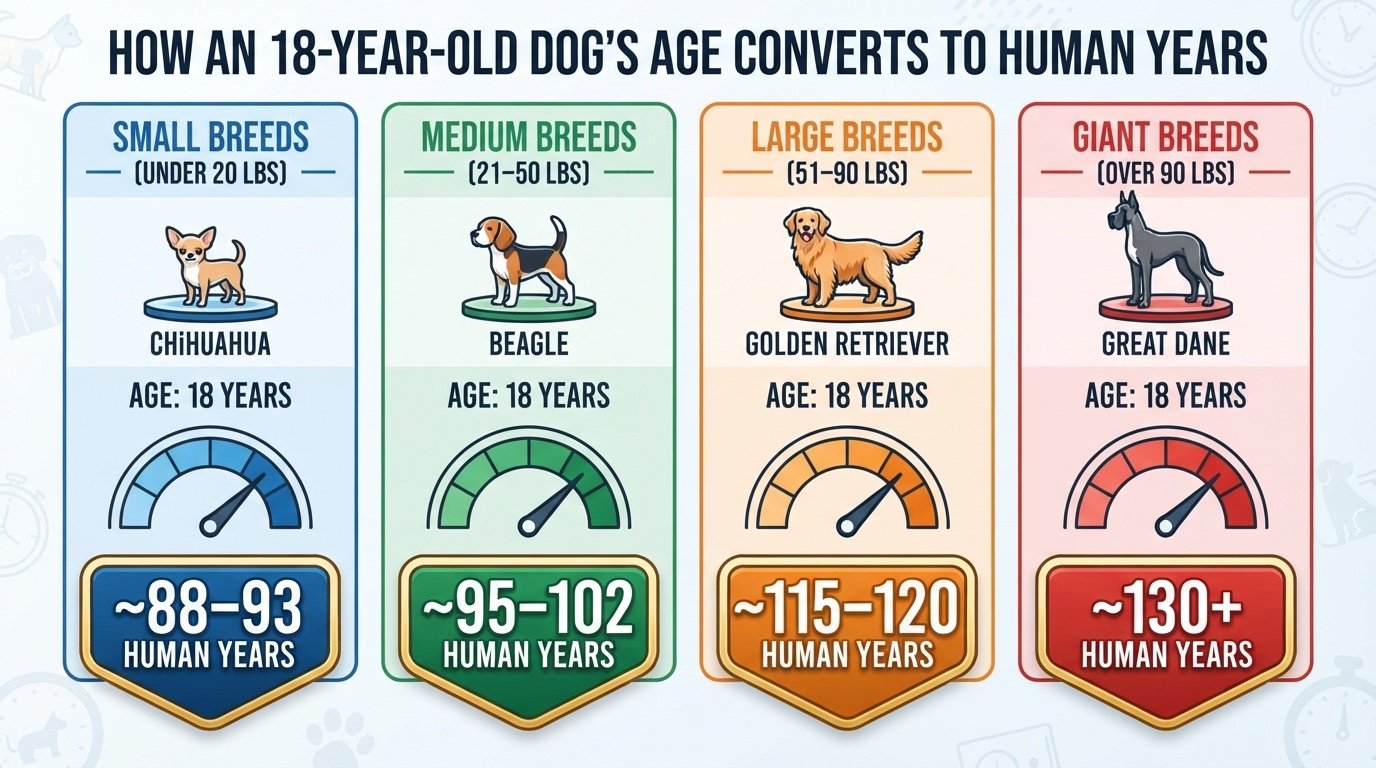 Comparison chart showing how 18 dog years convert to human age equivalent across small, medium, large, and giant dog breeds.