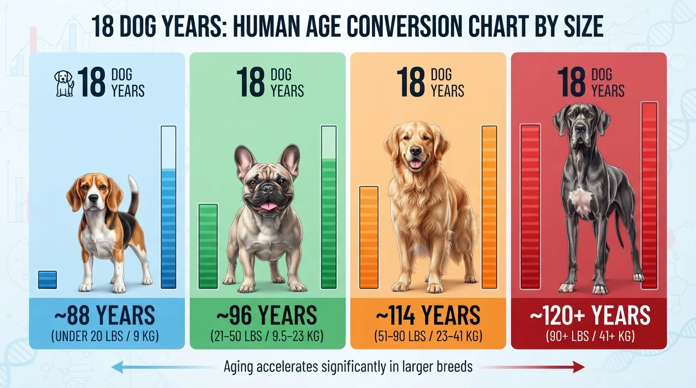 Comparison chart showing how 18 dog years translate to human years across small, medium, large, and giant dog breed sizes.
