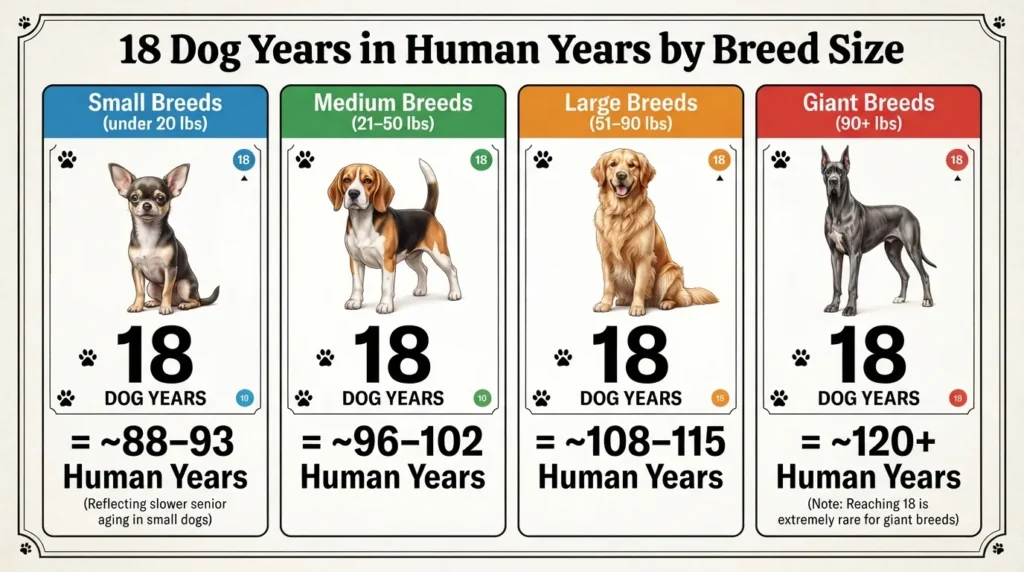 Comparison chart showing 18 dog years in human years categorized by small, medium, large, and giant dog breed sizes.