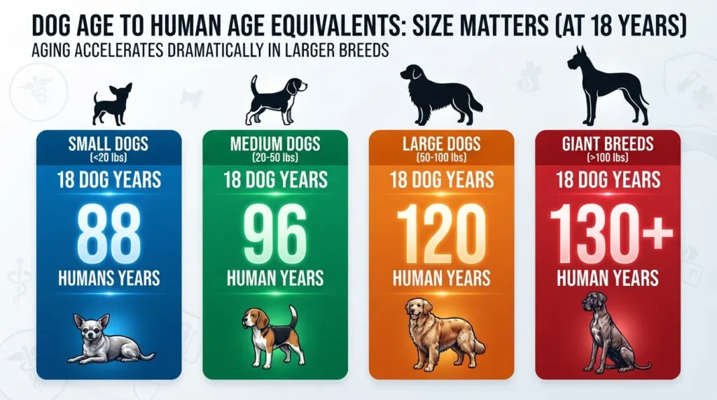 Comparison chart showing how 18 dog years translate to human years across small, medium, large, and giant dog breed sizes.
