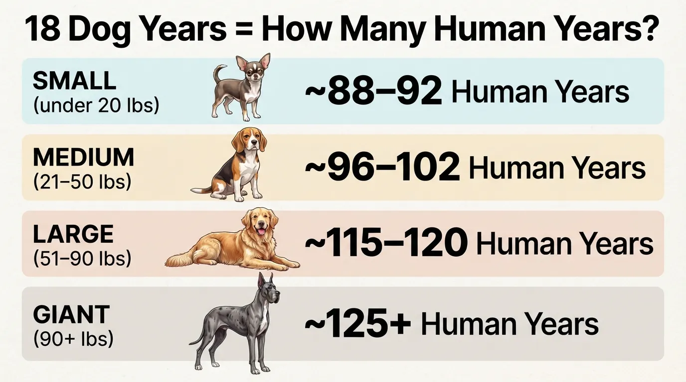 Comparison chart showing how 18 dog years convert to human years for small, medium, large, and giant dog breeds.