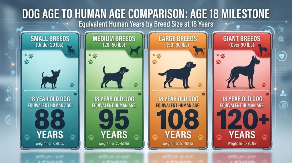 Comparison chart showing how 18 dog years equals different human ages for small, medium, large, and giant dog breeds.
