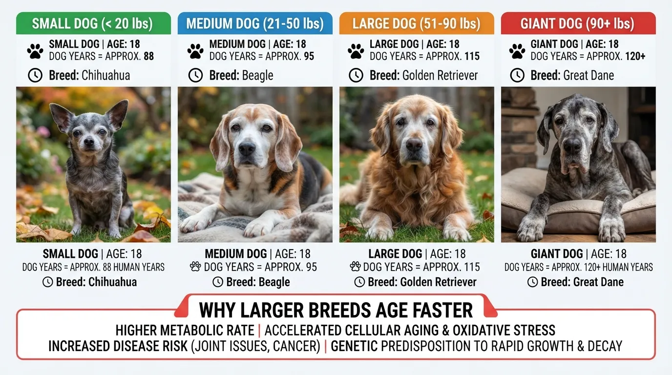 Comparison chart showing how an 18-year-old dog converts to human years across small, medium, large, and giant breeds.