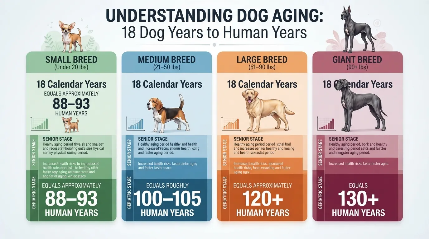 Dog years to human years conversion chart comparing small, medium, large, and giant dog breeds at age 18