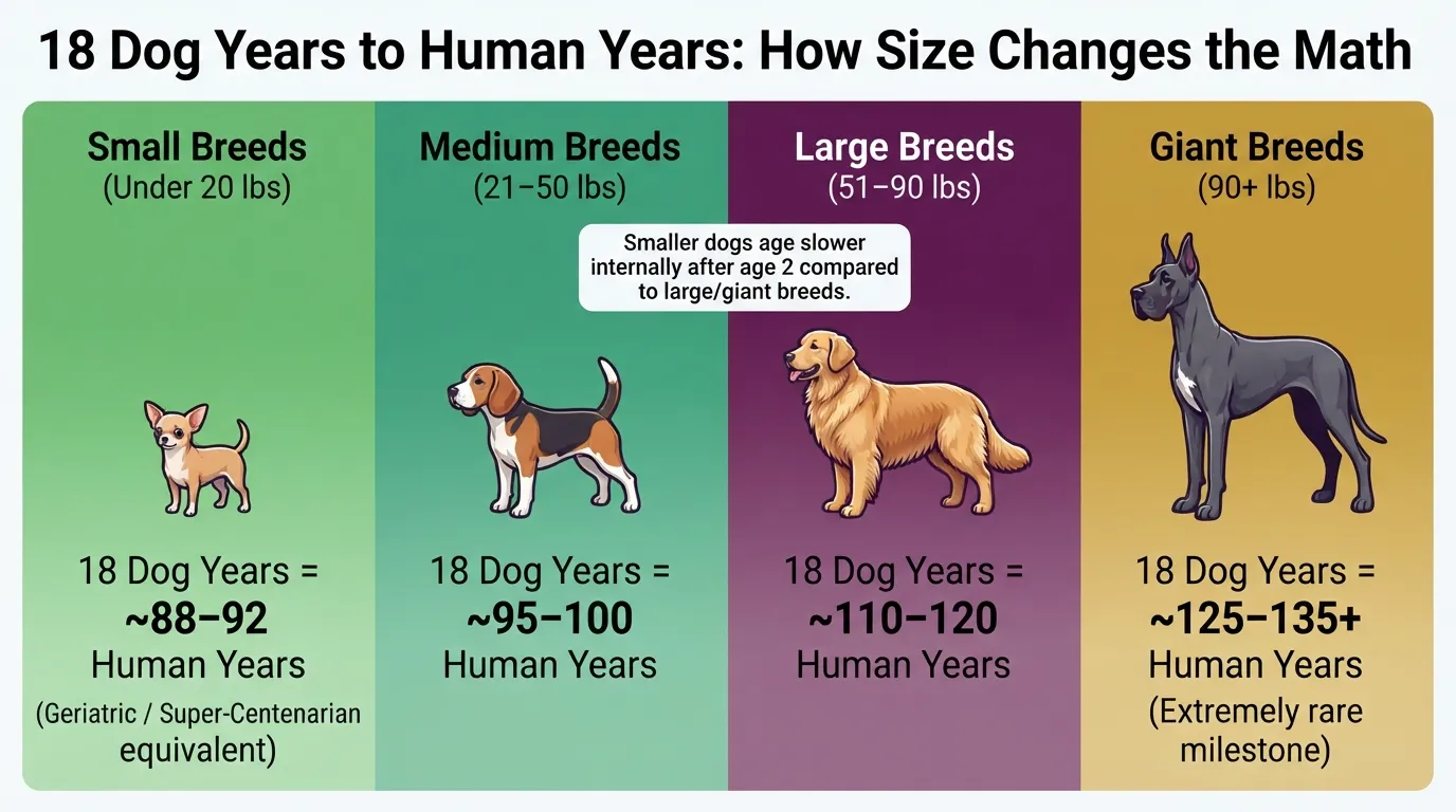 Comparison chart converting 18 dog years to human years across small, medium, large, and giant dog breed sizes