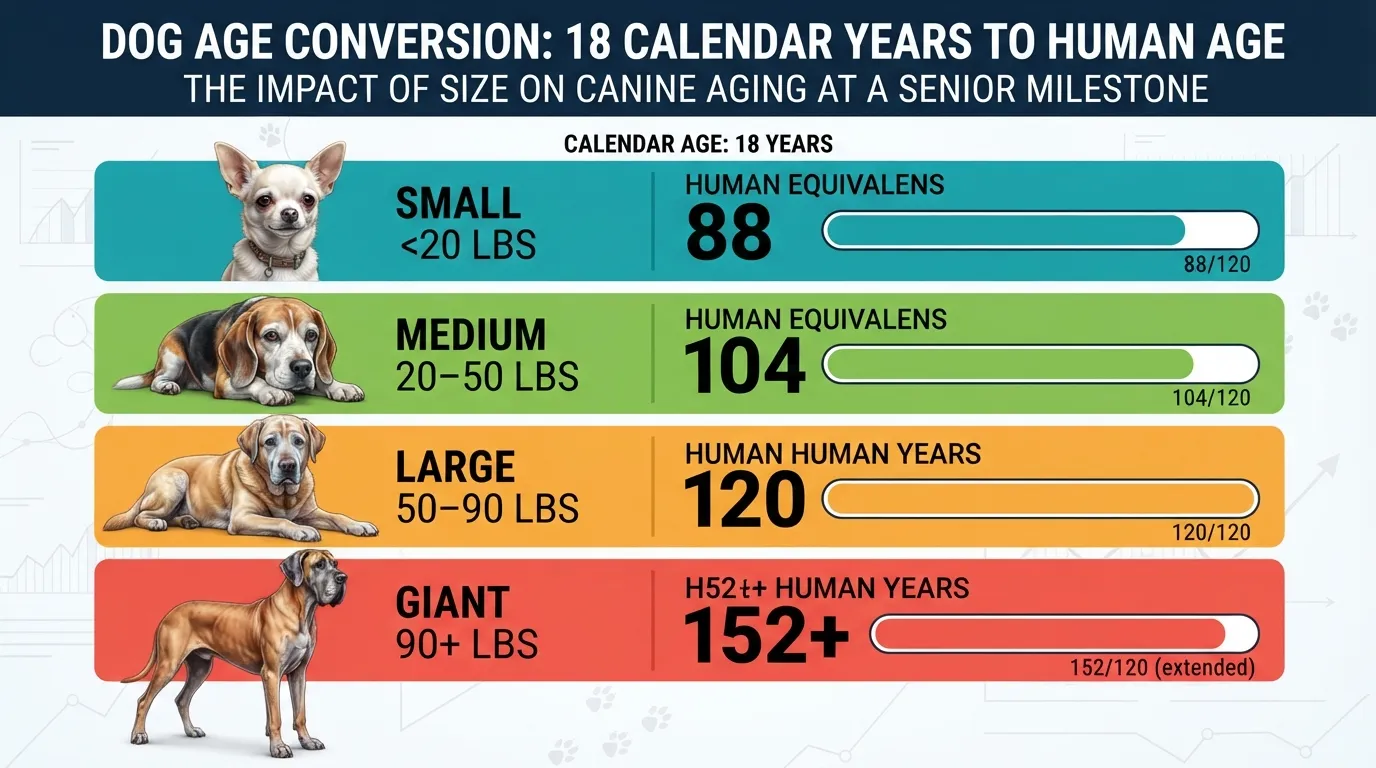 Comparison chart showing how an 18-year-old dog converts to human years across small, medium, large, and giant breed sizes.