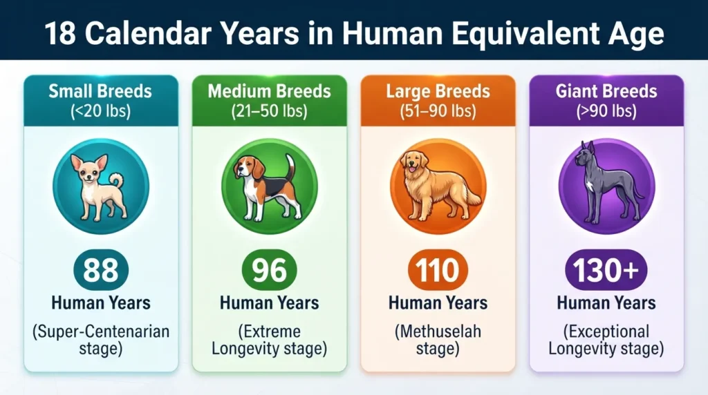 A comparative veterinary chart showing how an 18-year-old dog converts to human years across small, medium, large, and giant breed sizes.