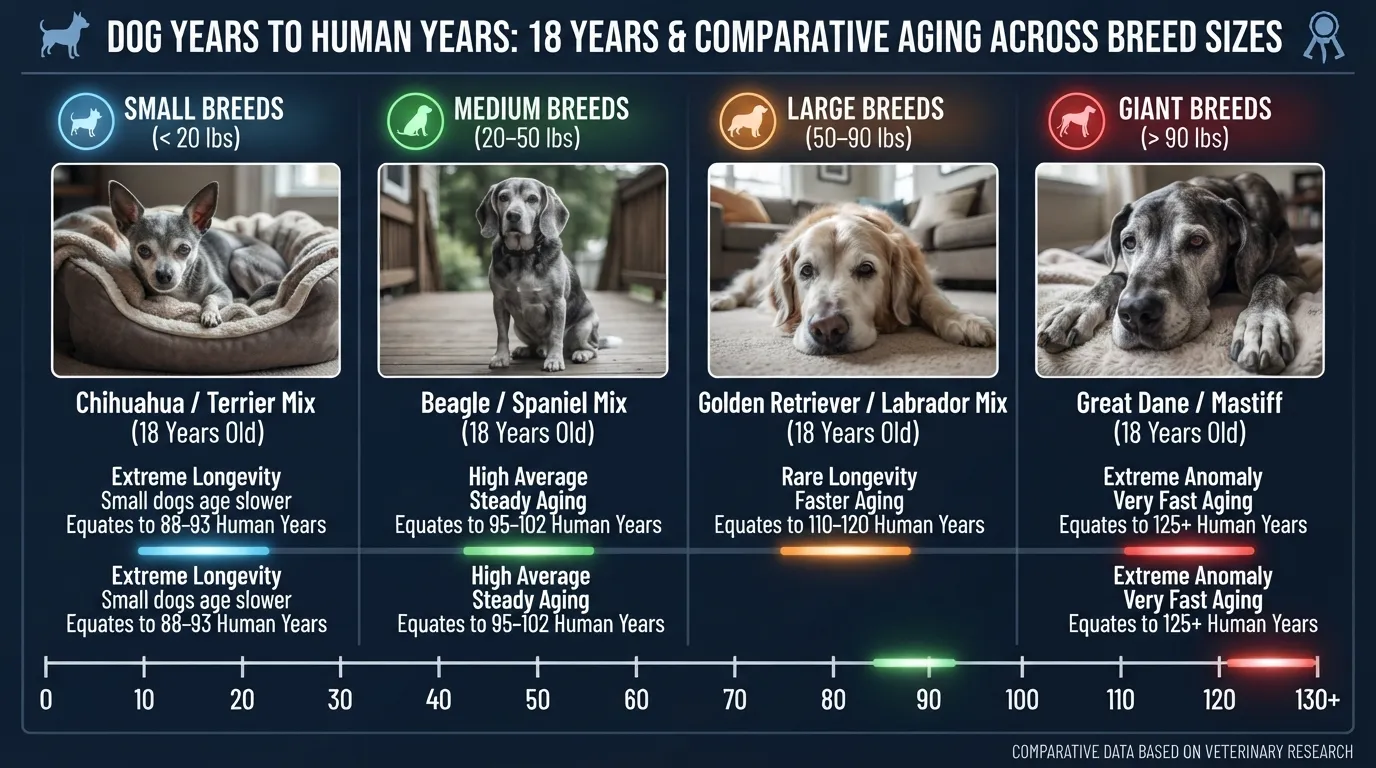 Infographic showing how 18 dog years convert to human years across small, medium, large, and giant dog breeds.