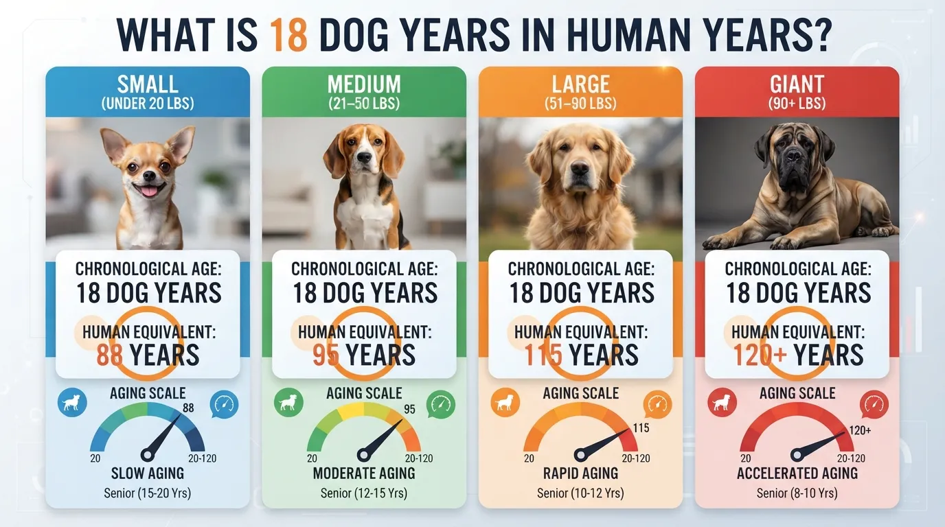 Comprehensive age conversion chart comparing an 18-year-old dog's age to human years across small, medium, large, and giant breed sizes.