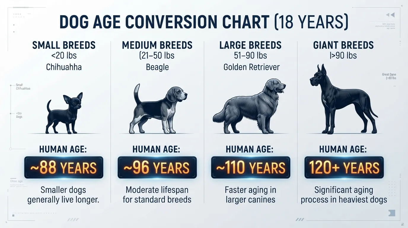 Comparison chart converting 18 dog years to human years across small, medium, large, and giant dog breed sizes.