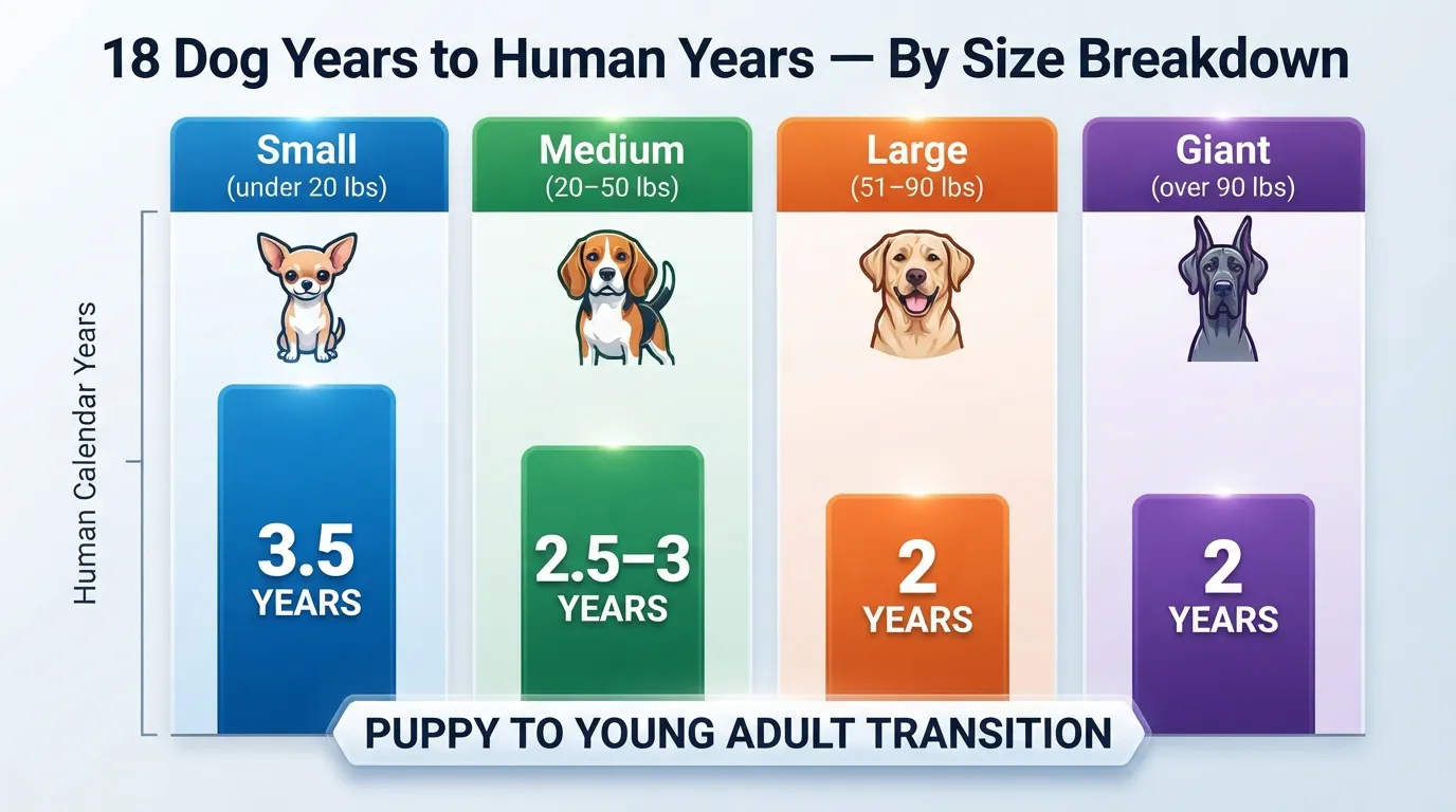 Comparison chart showing 18 dog years converted into human calendar years across small, medium, large, and giant breed sizes.