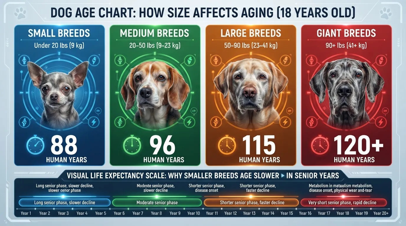 Comprehensive dog age conversion chart showing how 18 dog years equal 88 to 120 human years across small, medium, large, and giant dog breeds.