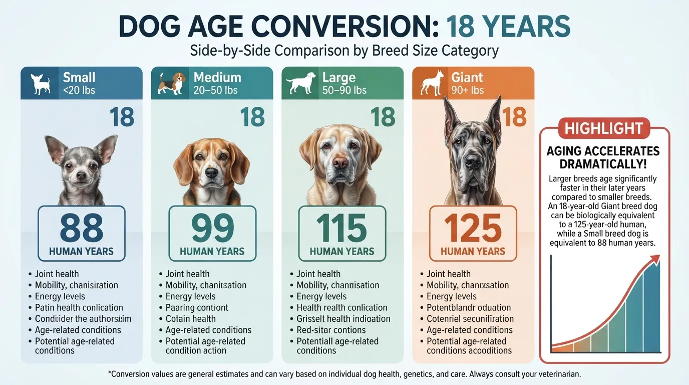Comparison chart showing how 18 dog years convert to human years for small, medium, large, and giant dog breeds.