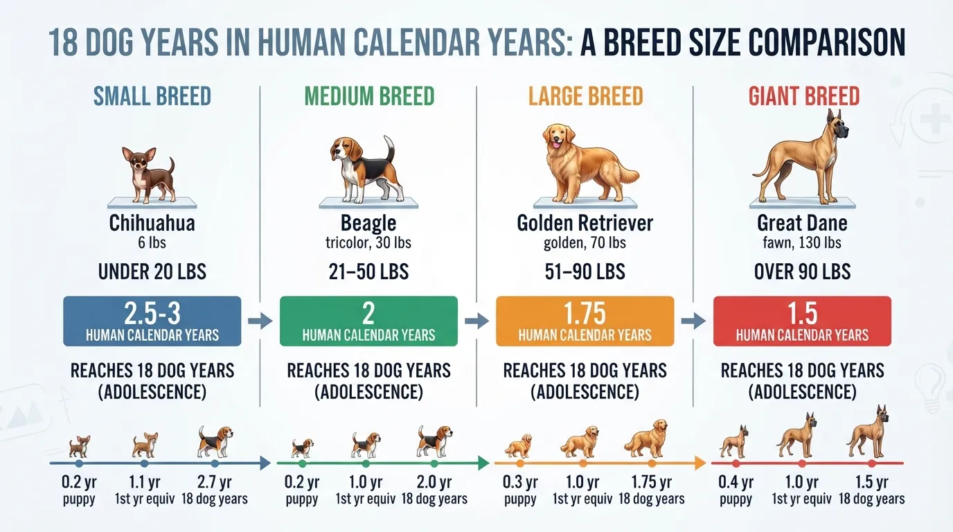 Dog age comparison chart showing 18 dog years in human calendar years across small, medium, large, and giant breed sizes