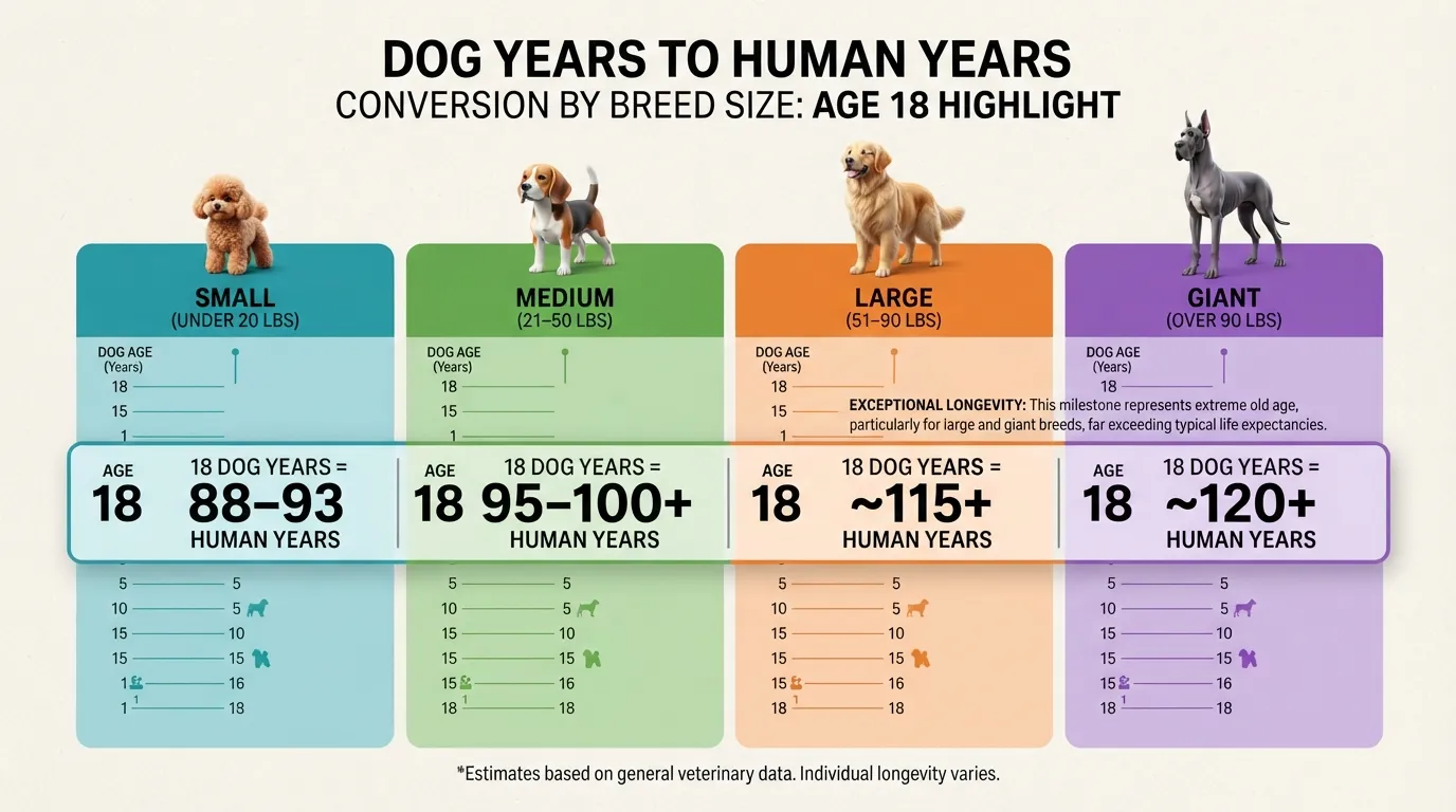 Infographic chart comparing 18 dog years to equivalent human age across small, medium, large, and giant breed dogs.