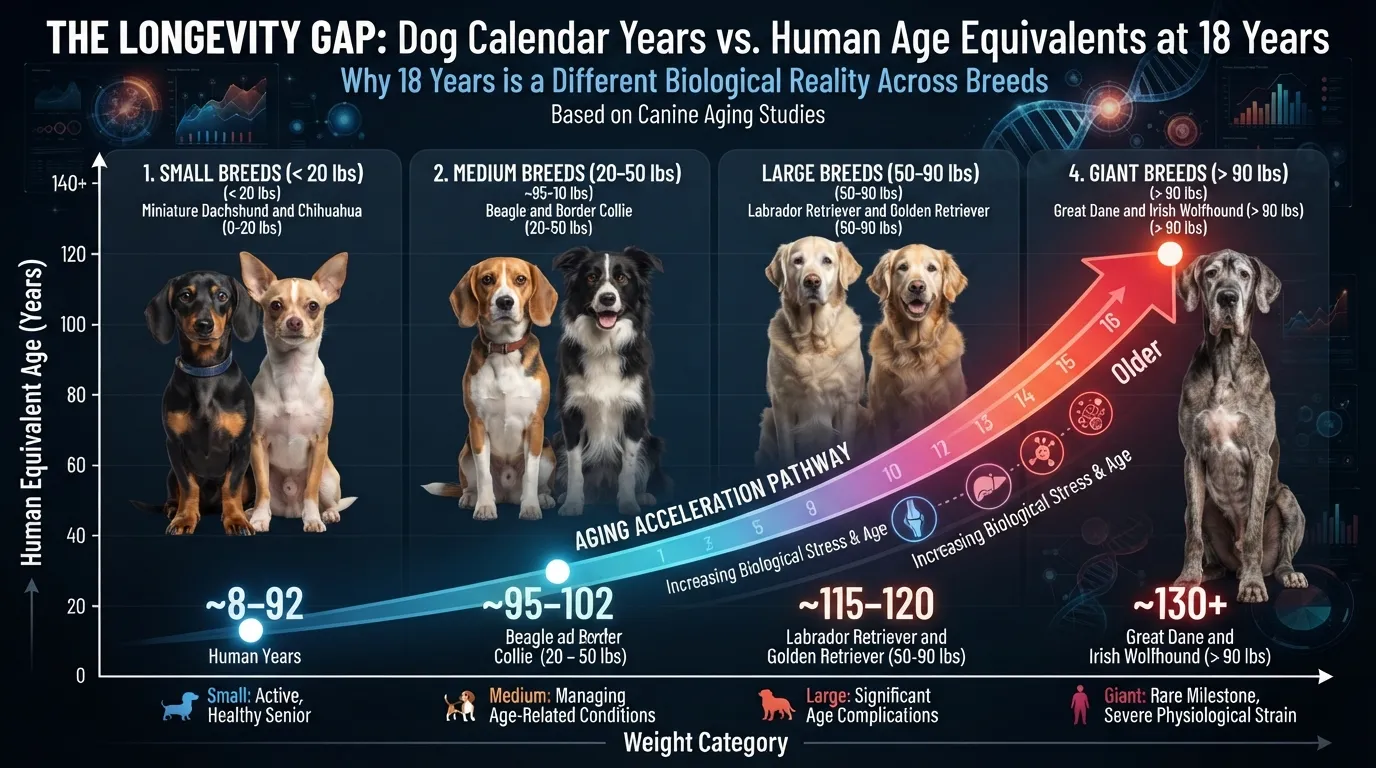 Infographic chart converting 18 dog years into human years broken down by small, medium, large, and giant dog breed sizes.