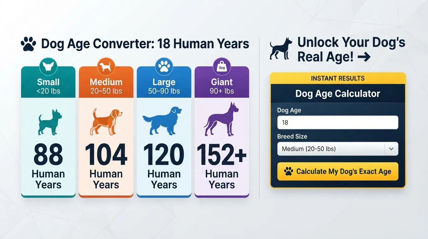 An infographic chart comparing 18 dog years to human years across small, medium, large, and giant breed sizes next to a dog age calculator tool icon.