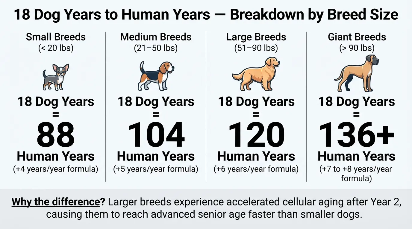 Comparison chart showing how 18 dog years translates to human years across small, medium, large, and giant breed sizes using veterinary aging formulas.