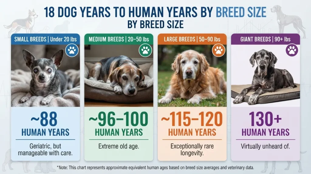 Comparison chart showing how 18 dog years convert to human years for small, medium, large, and giant dog breeds.
