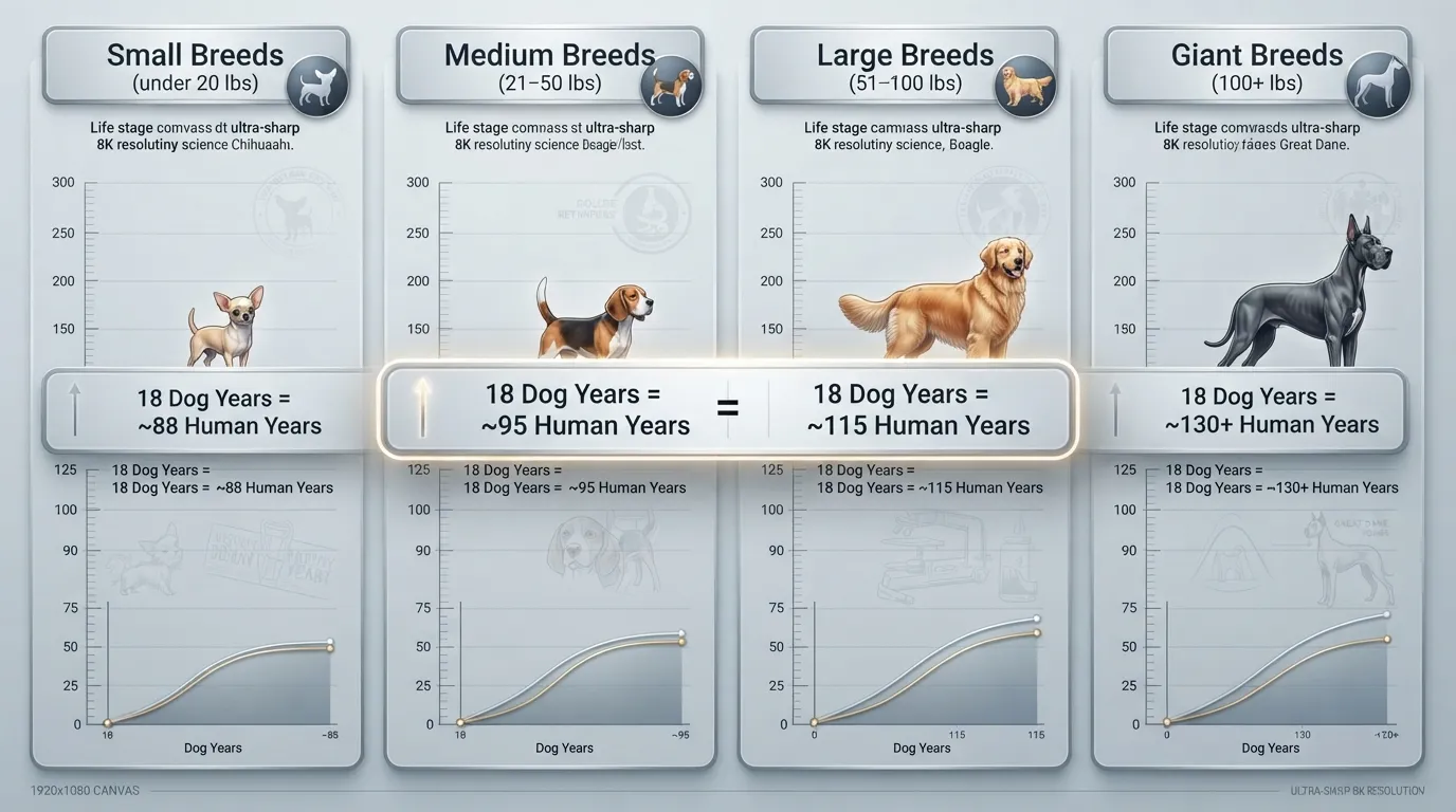 Infographic chart converting 18 dog years to human years comparing small, medium, large, and giant dog breeds.