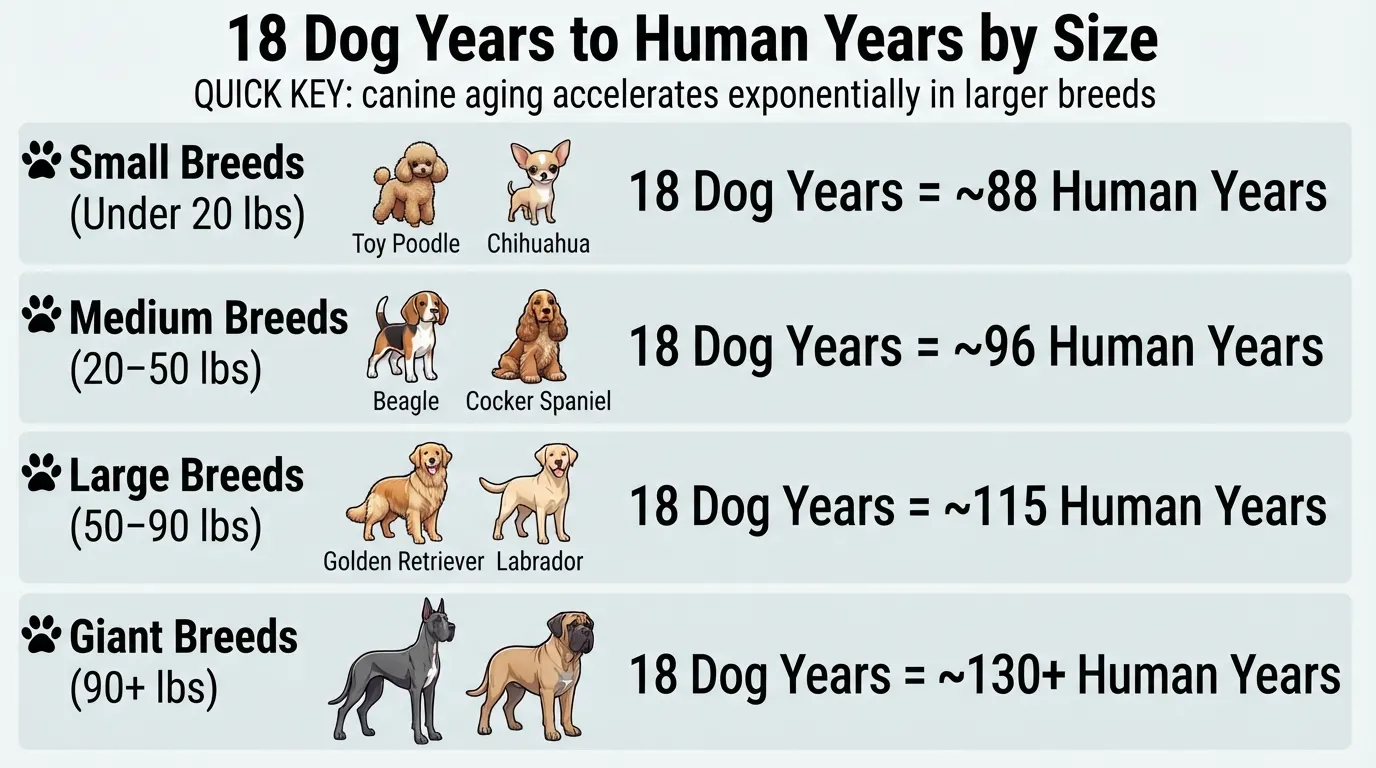 Infographic showing an 18-year-old dog's age converted to human years across small, medium, large, and giant breed sizes.