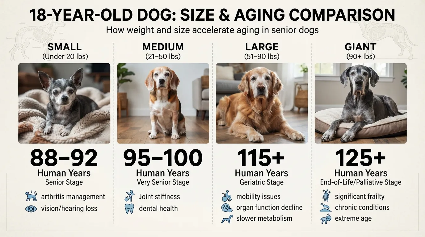 Comparison chart showing how 18 dog years translates to human years across small, medium, large, and giant dog breeds.