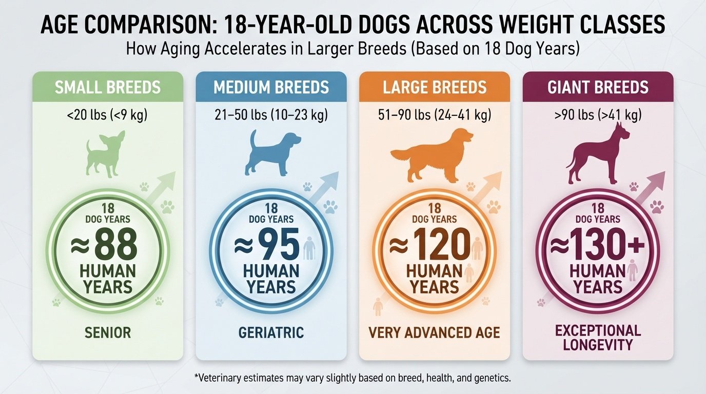 Infographic chart comparing how 18 dog years translates to human years across small, medium, large, and giant breed sizes.