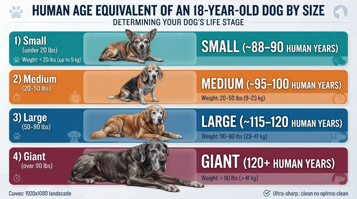 Infographic chart converting 18 dog years to equivalent human years across small, medium, large, and giant dog breeds.