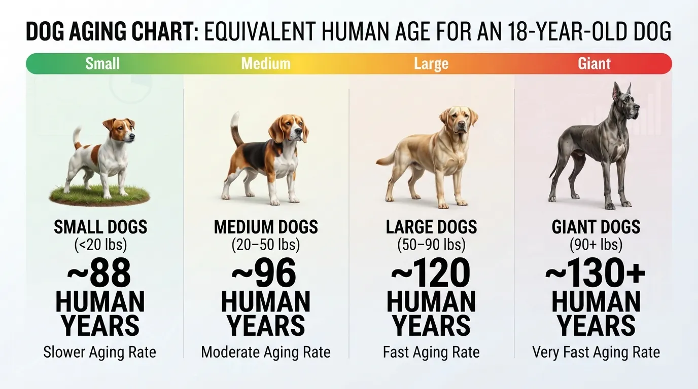 Infographic comparing 18 dog years to human years across small, medium, large, and giant dog sizes.