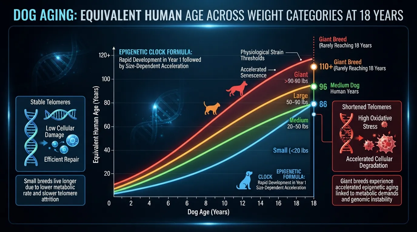 Comparative conversion chart showing how 18 dog years convert to human years across small, medium, large, and giant dog breeds based on cellular aging science.
