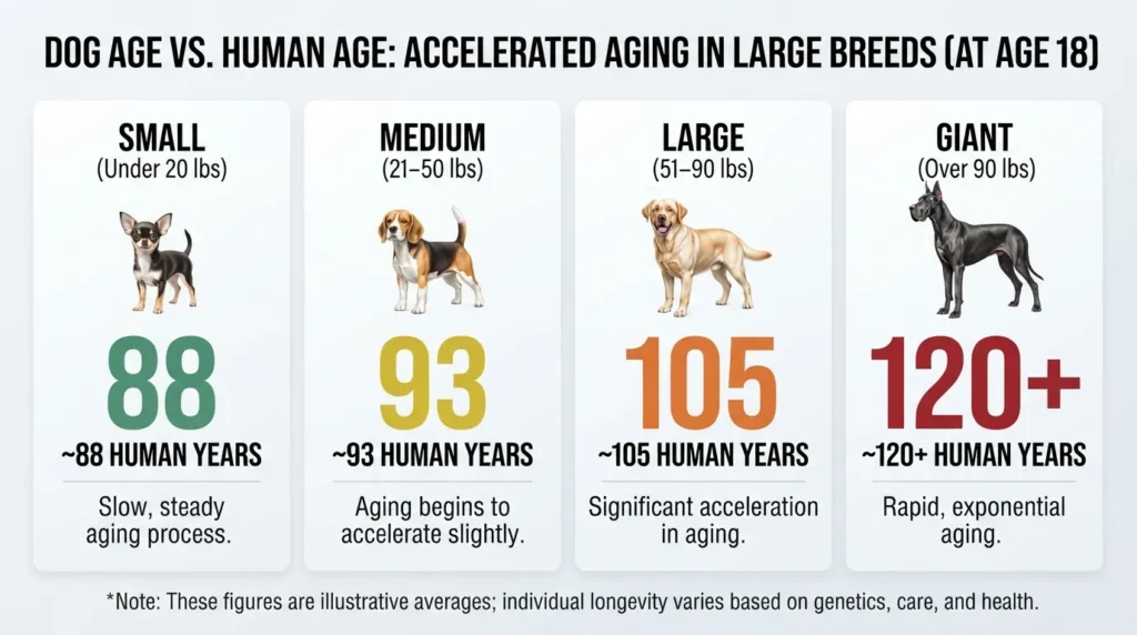Infographic chart showing how 18 dog years convert to human years for small, medium, large, and giant dog breeds.