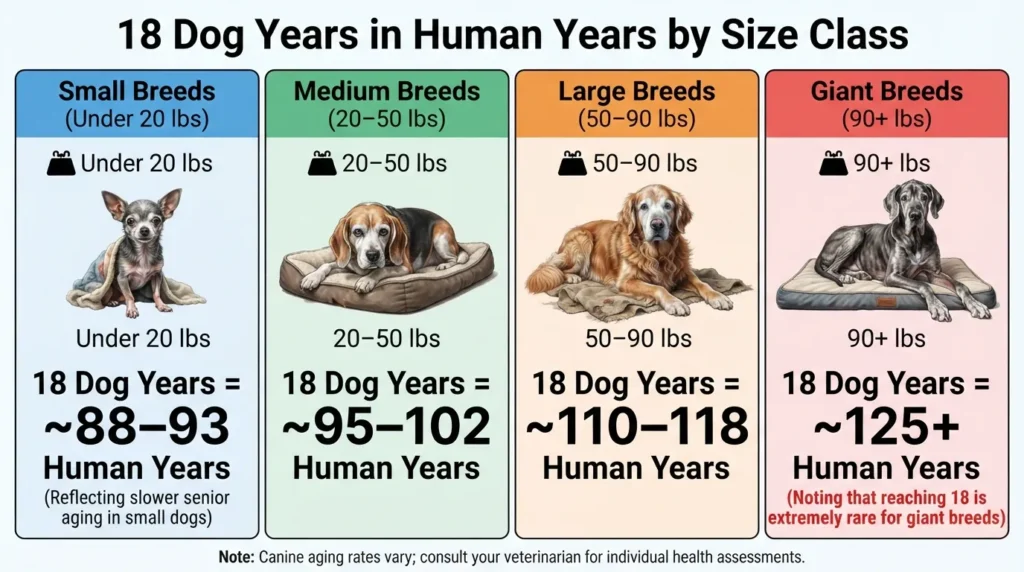 Comparison chart converting 18 dog years to human years across small, medium, large, and giant dog breeds.