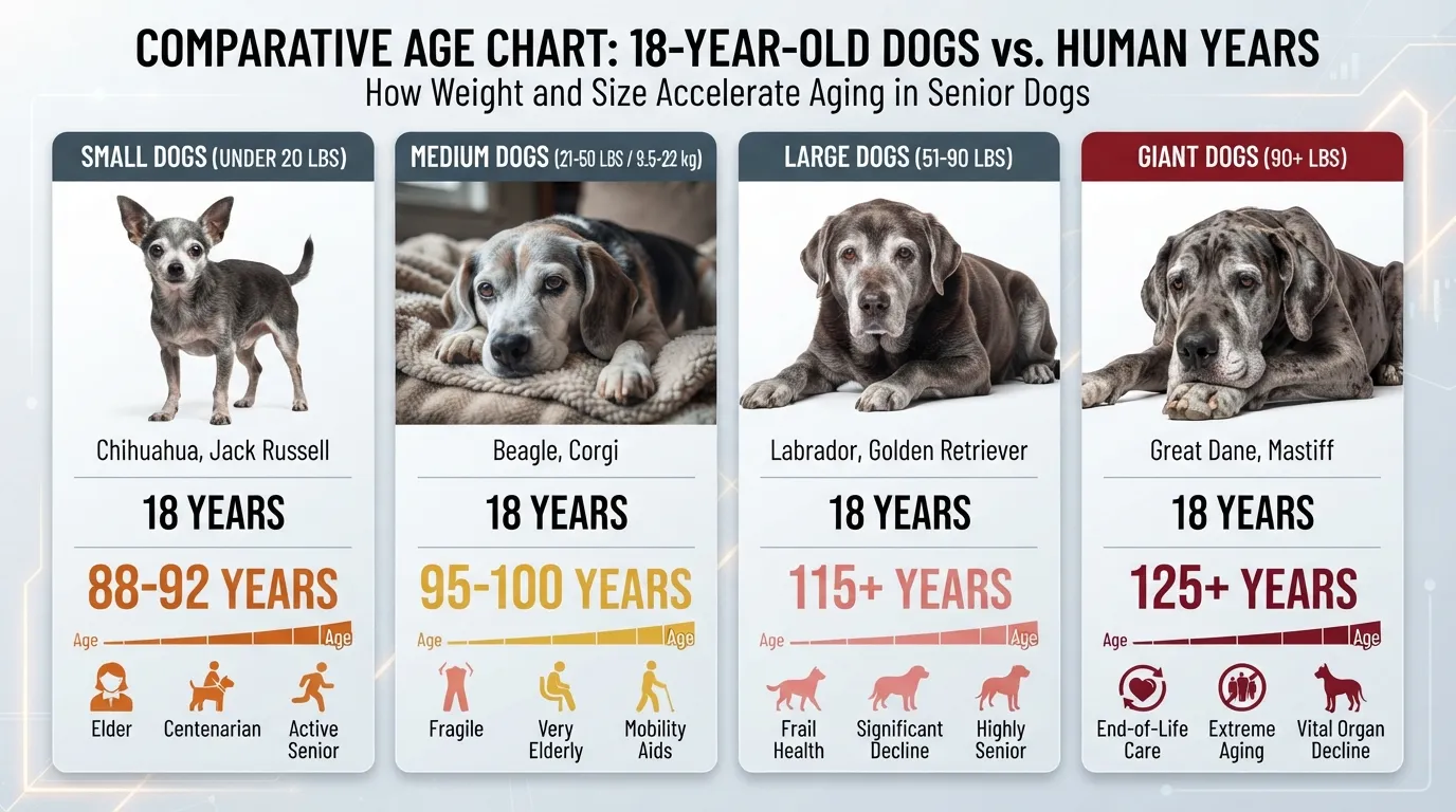 Comparison chart showing an 18-year-old dog converted to human years for small, medium, large, and giant breeds.