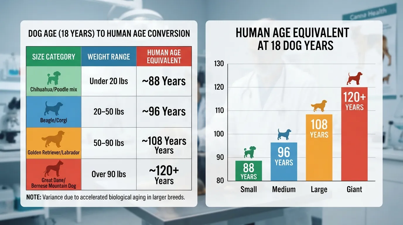 Infographic chart comparing 18 dog years to human years across small, medium, large, and giant dog breed sizes.