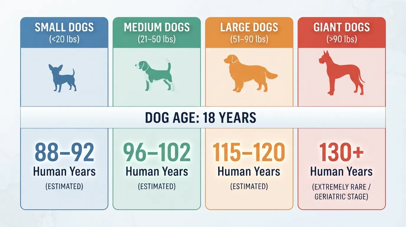 Dog years to human years conversion chart comparing an 18-year-old small, medium, large, and giant breed dog to equivalent human age ranges.