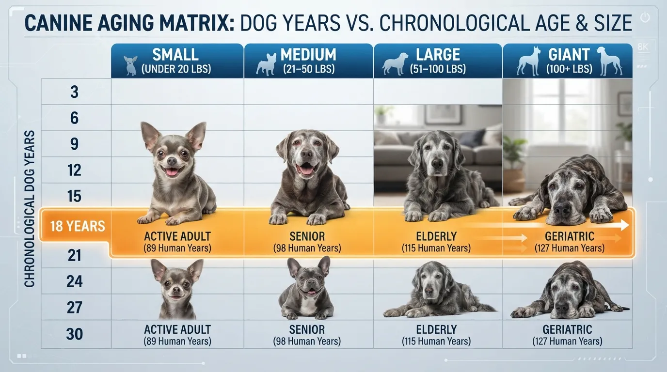 Comparative chart showing how 18 dog years convert to human years across small, medium, large, and giant dog breed categories.