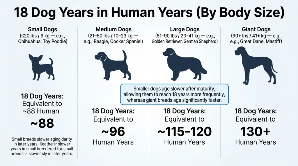 Infographic chart converting 18 dog years to human years across four dog size categories: Small (under 20 lbs), Medium (21 to 50 lbs), Large (51 to 90 lbs), and Giant (over 90 lbs).