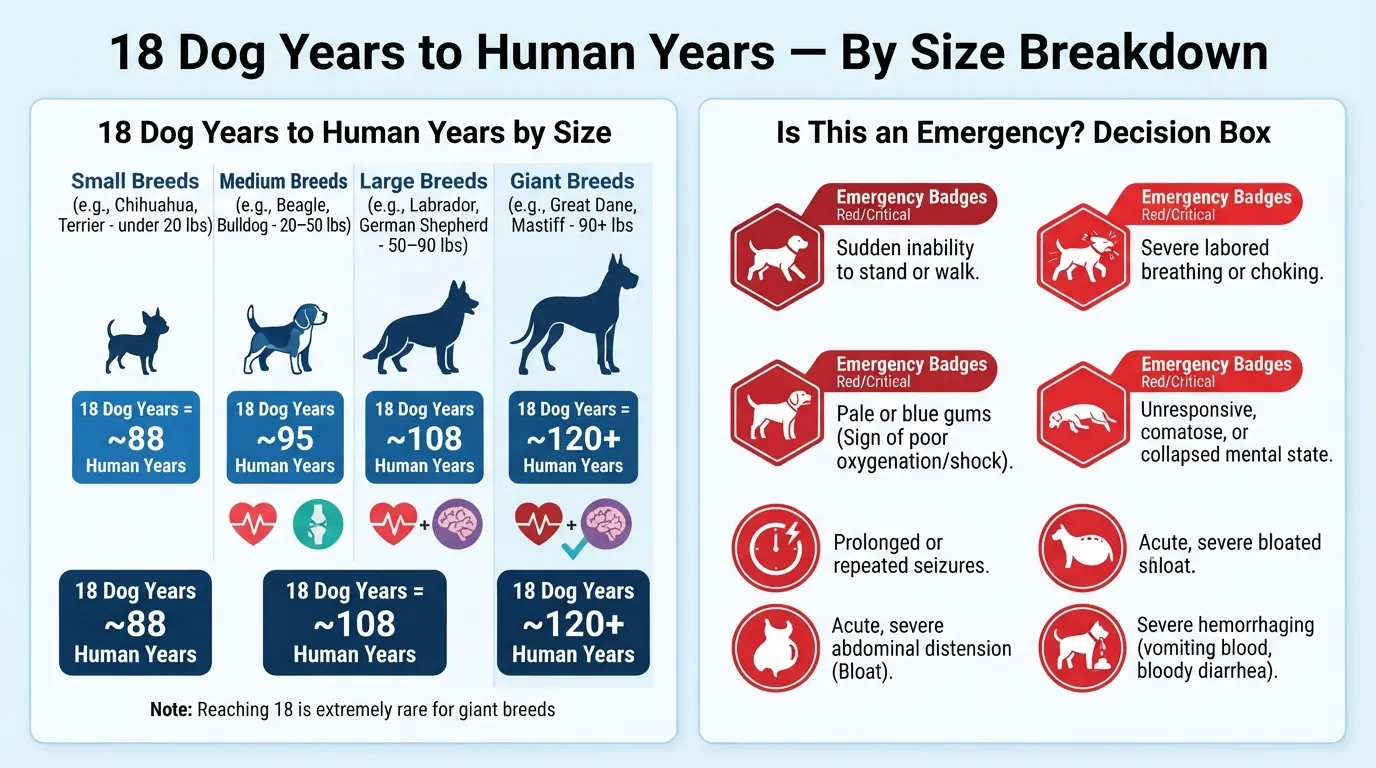 Infographic chart showing how 18 dog years convert to human years for small, medium, large, and giant dog breeds.