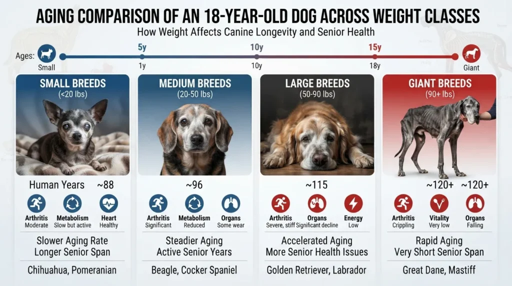 Comparison chart showing how an 18-year-old dog converts to human years across small, medium, large, and giant breeds.