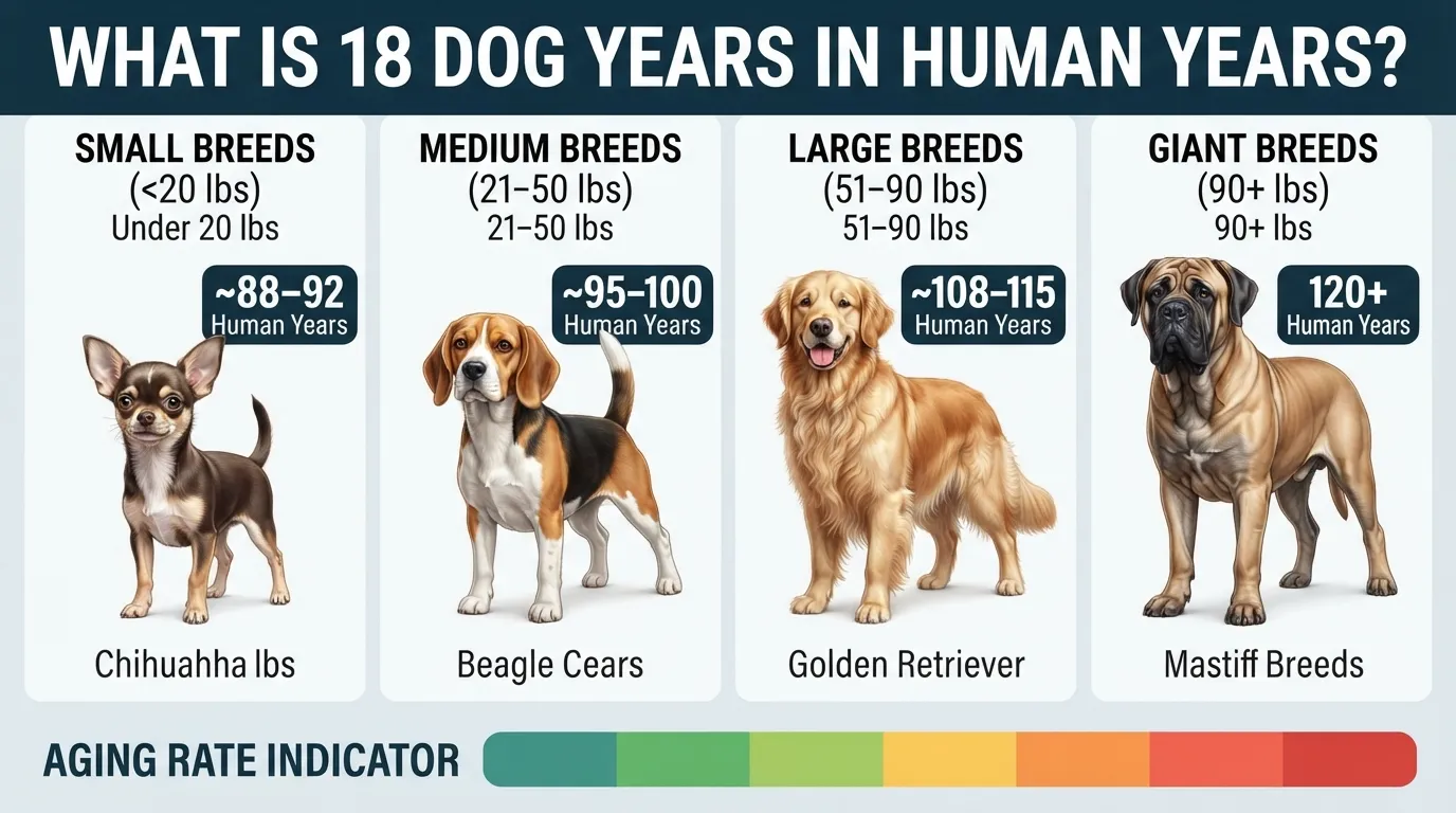 Comparison chart showing how 18 dog years translates to human years across small, medium, large, and giant dog breeds.