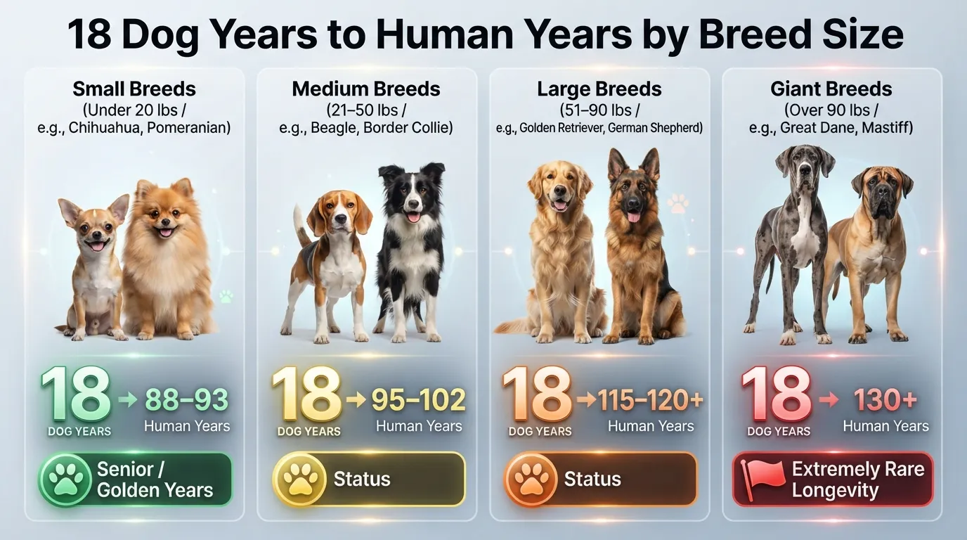 Comparison chart showing an 18-year-old dog's age in human years across small, medium, large, and giant breed sizes.