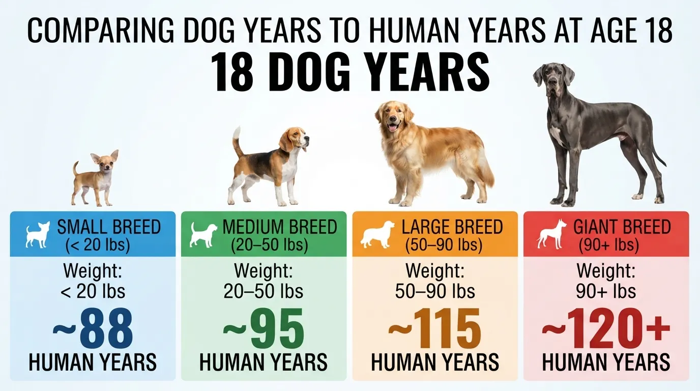 Comparison chart showing how 18 dog years translates to human years across small, medium, large, and giant dog breeds.