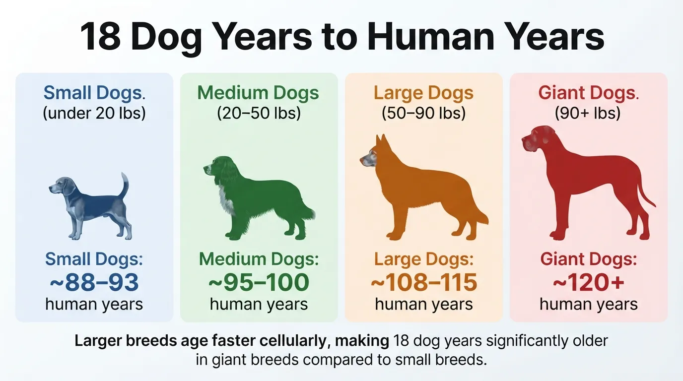 A detailed comparison chart showing how 18 dog years convert to human years across small, medium, large, and giant dog breeds.