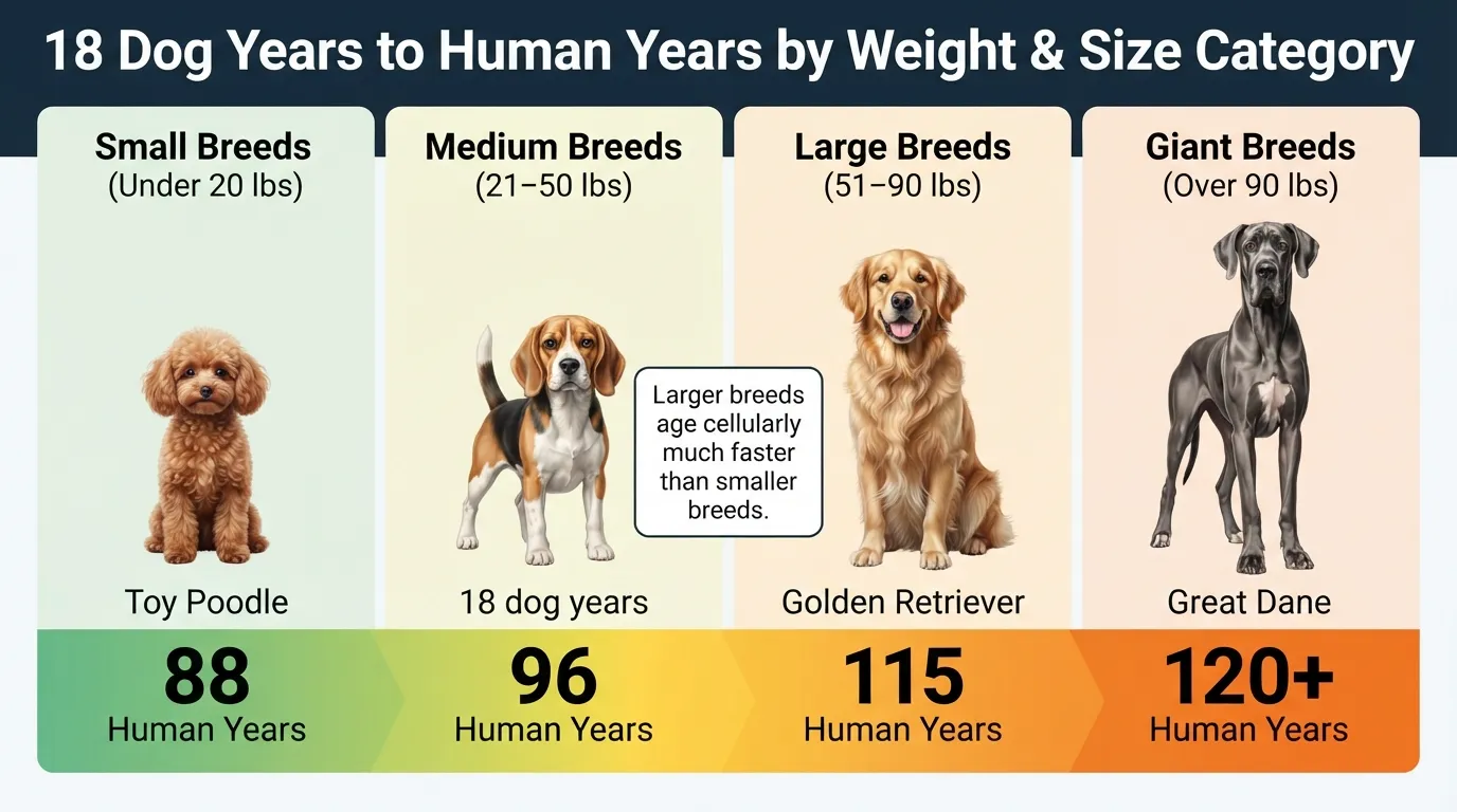Comparison chart showing how 18 dog years equals 88 human years for small dogs, 96 human years for medium dogs, and over 115 human years for large and giant breeds.