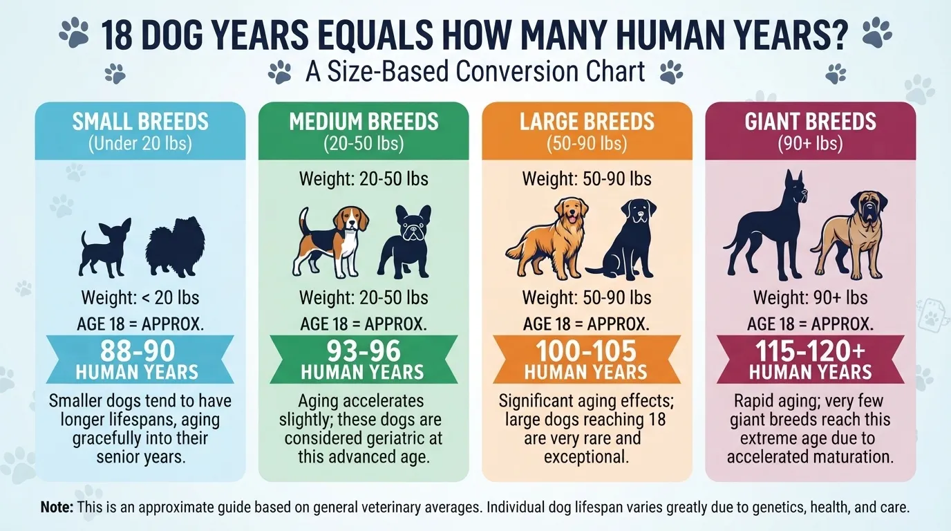 Infographic chart converting 18 dog years to human years across small, medium, large, and giant dog breed categories.