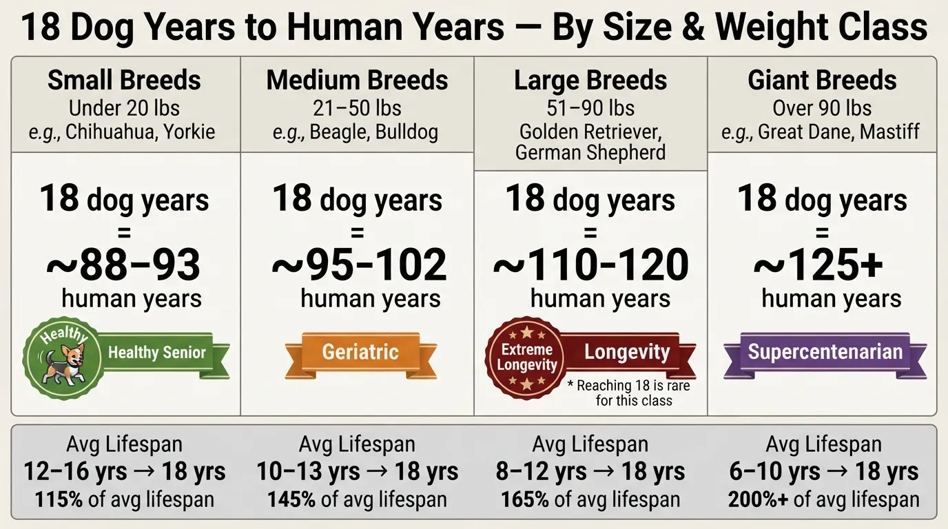 Infographic chart converting 18 dog years to human years across small, medium, large, and giant breeds.